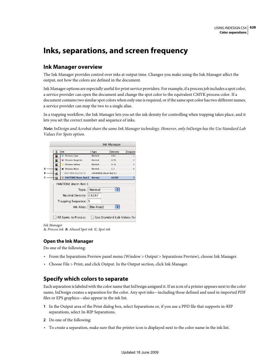 Inks, separations, and screen frequency, Ink manager overview, Open the ink manager | Specify which colors to separate | Adobe InDesign CS4 User Manual | Page 636 / 717