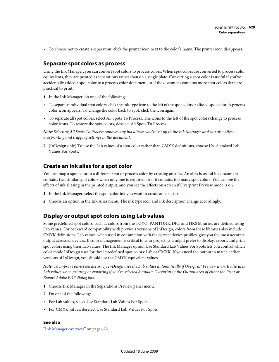 Separate spot colors as process, Create an ink alias for a spot color, Display or output spot colors using lab values | Adobe InDesign CS4 User Manual | Page 637 / 717