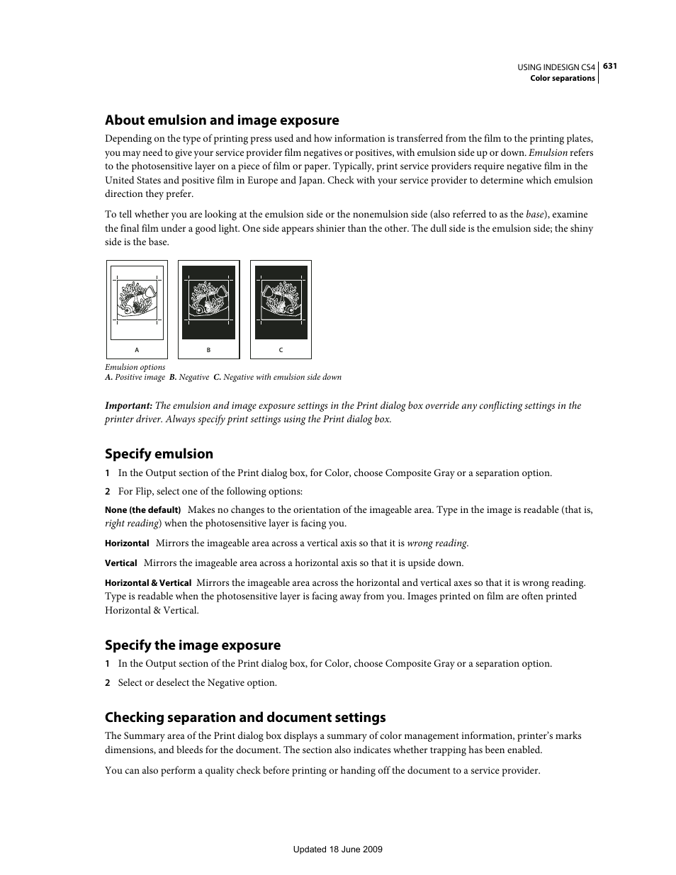 About emulsion and image exposure, Specify emulsion, Specify the image exposure | Checking separation and document settings | Adobe InDesign CS4 User Manual | Page 639 / 717