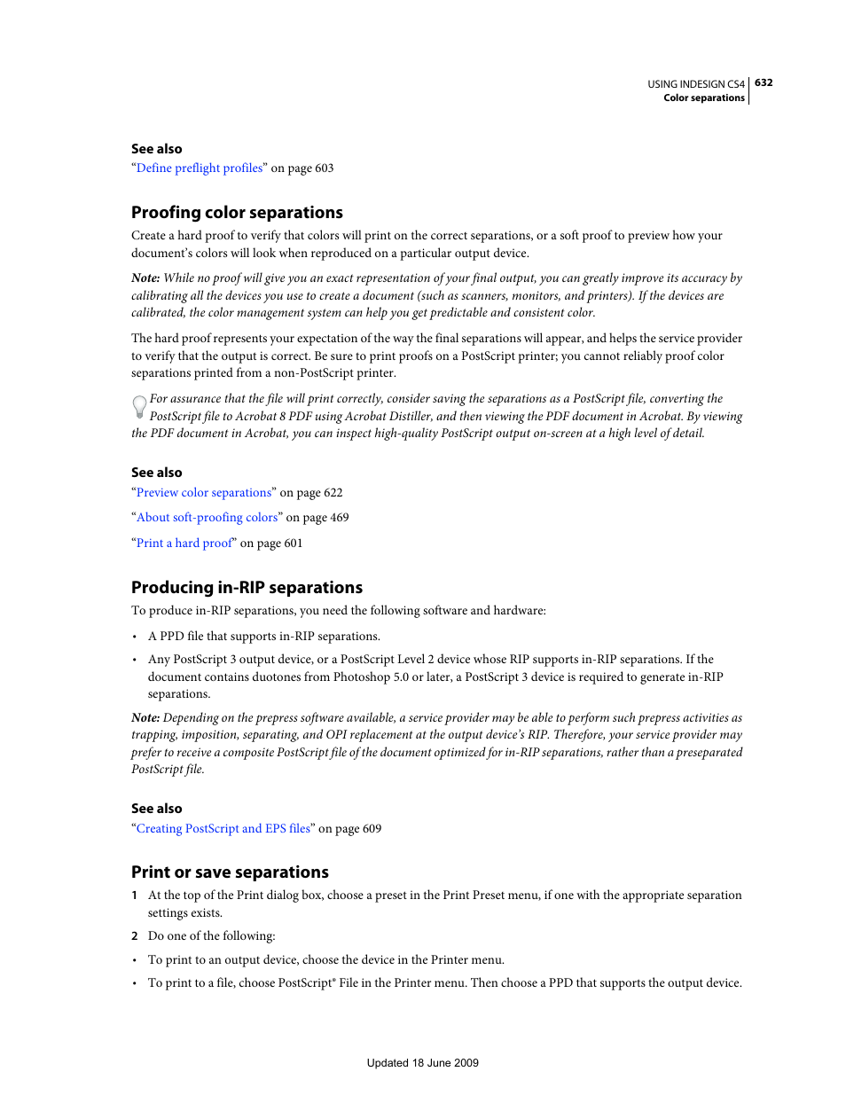 Proofing color separations, Producing in-rip separations, Print or save separations | Adobe InDesign CS4 User Manual | Page 640 / 717