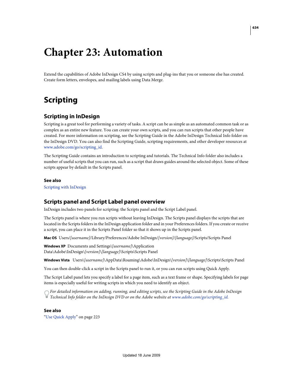 Chapter 23: automation, Scripting, Scripting in indesign | Scripts panel and script label panel overview | Adobe InDesign CS4 User Manual | Page 642 / 717