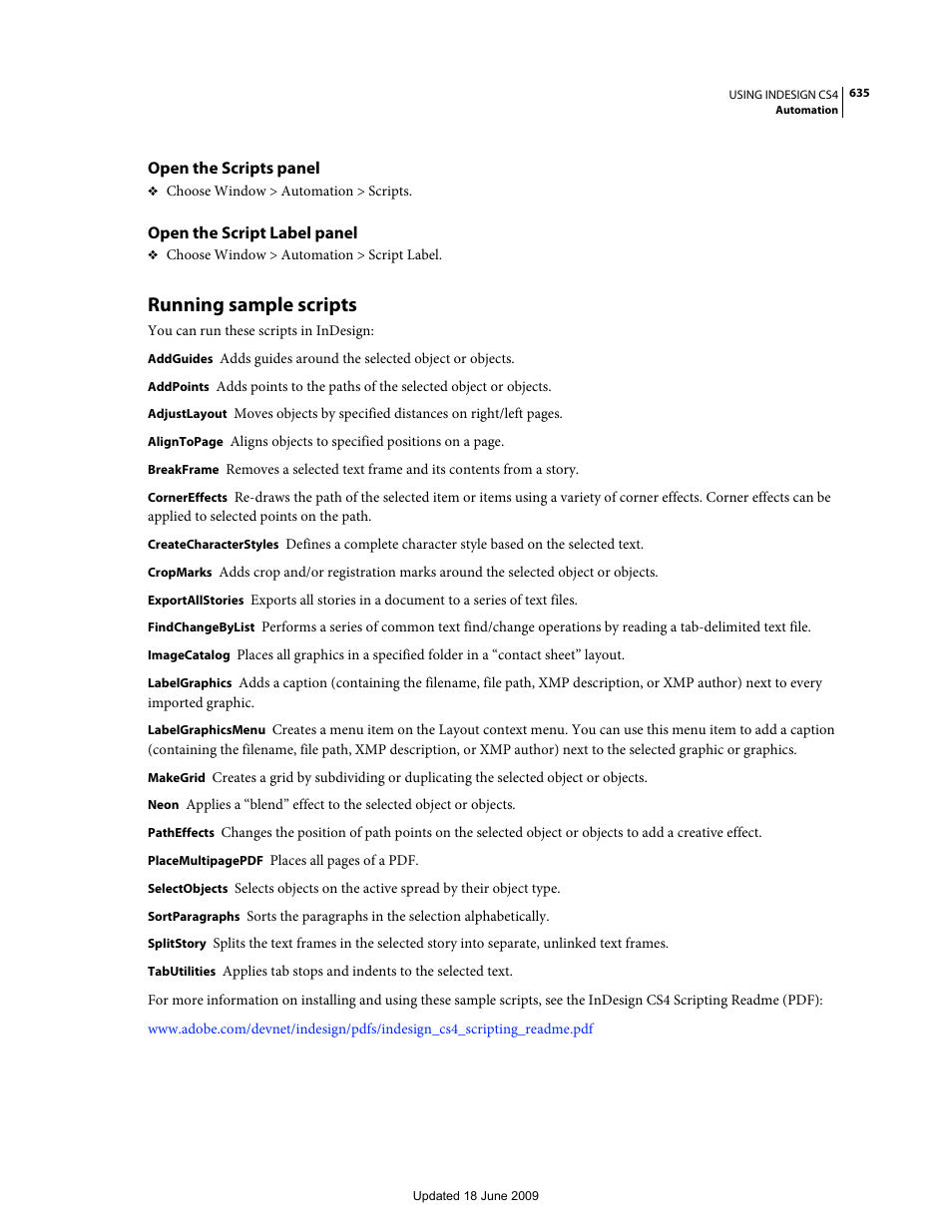 Open the scripts panel, Open the script label panel, Running sample scripts | Adobe InDesign CS4 User Manual | Page 643 / 717