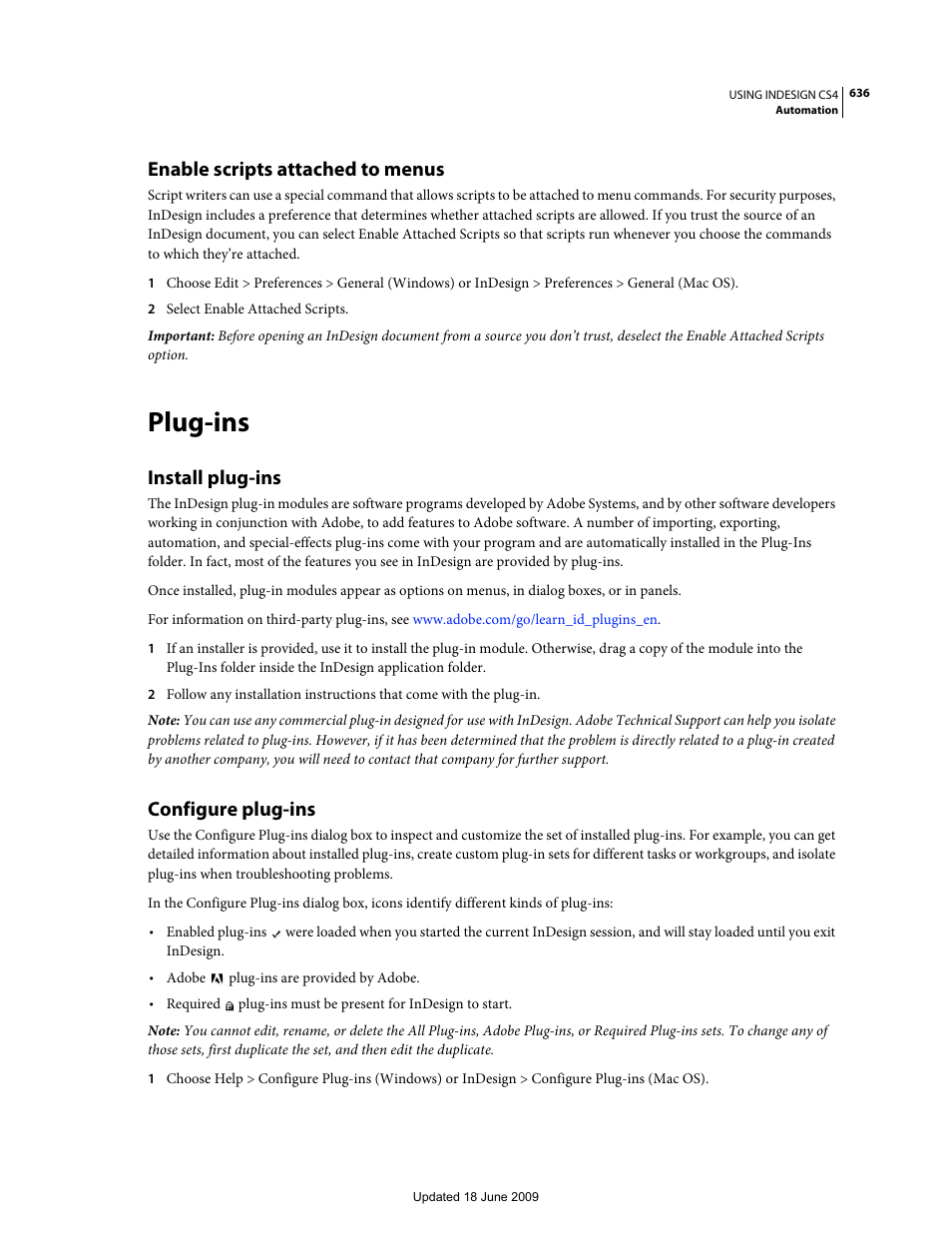 Enable scripts attached to menus, Plug-ins, Install plug-ins | Configure plug-ins | Adobe InDesign CS4 User Manual | Page 644 / 717