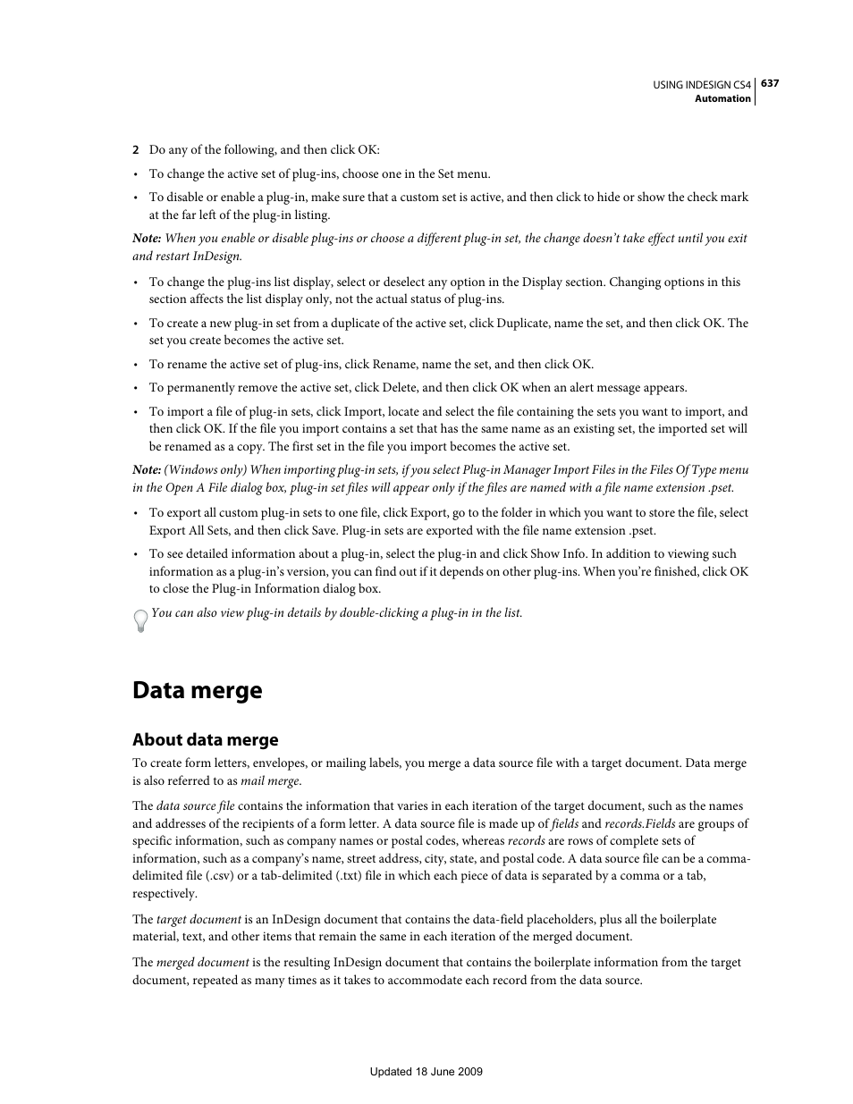 Data merge, About data merge | Adobe InDesign CS4 User Manual | Page 645 / 717