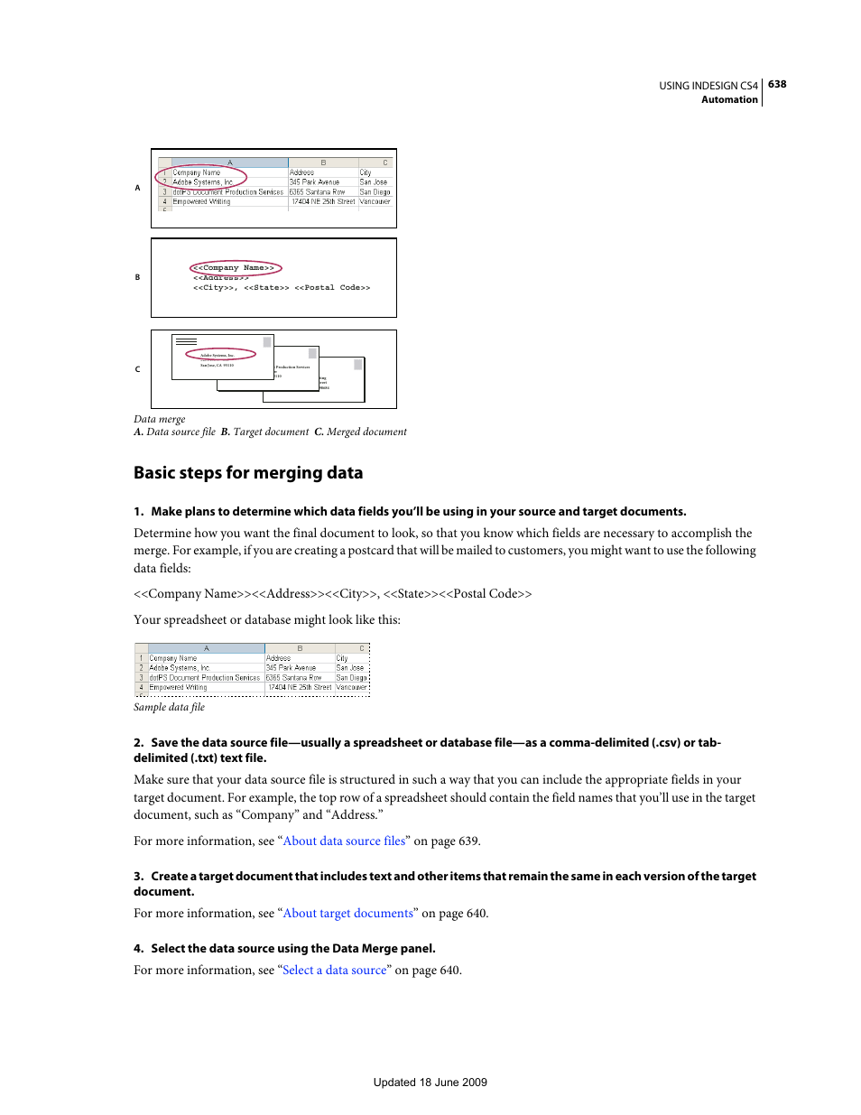 Basic steps for merging data | Adobe InDesign CS4 User Manual | Page 646 / 717