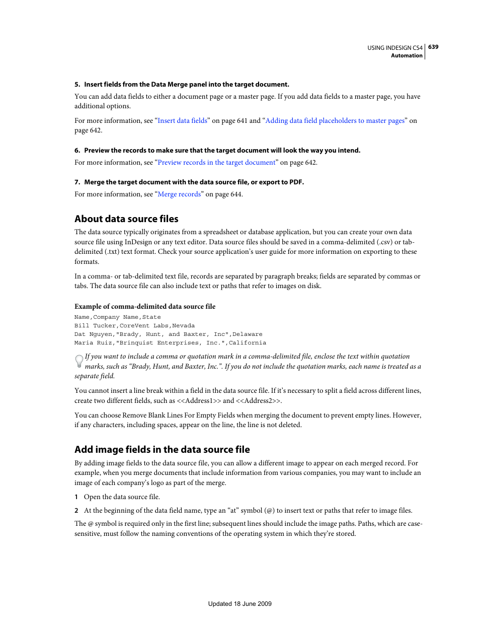 About data source files, Add image fields in the data source file, For more information, see | Adobe InDesign CS4 User Manual | Page 647 / 717