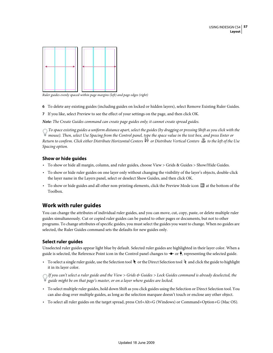 Show or hide guides, Work with ruler guides, Select ruler guides | Adobe InDesign CS4 User Manual | Page 65 / 717