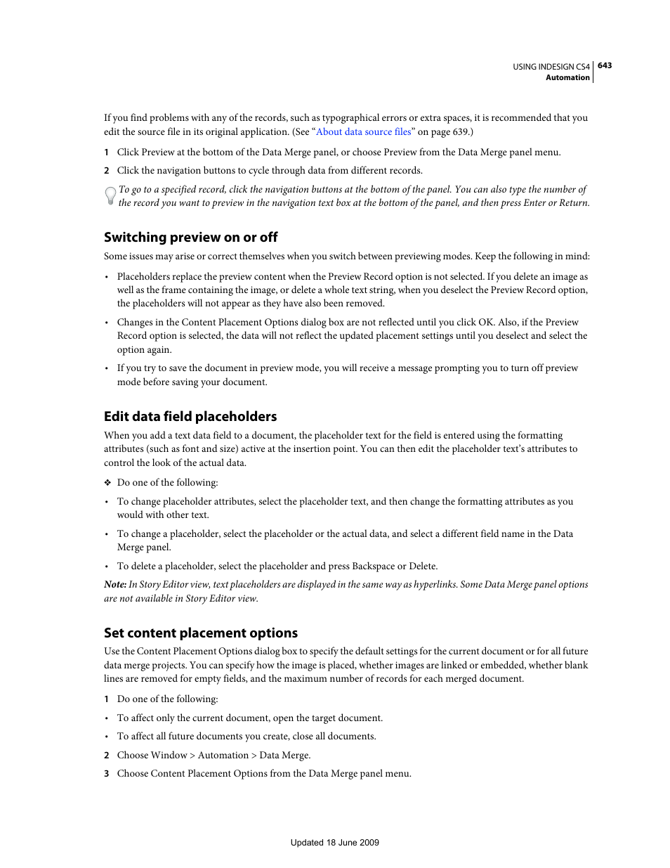 Switching preview on or off, Edit data field placeholders, Set content placement options | Adobe InDesign CS4 User Manual | Page 651 / 717