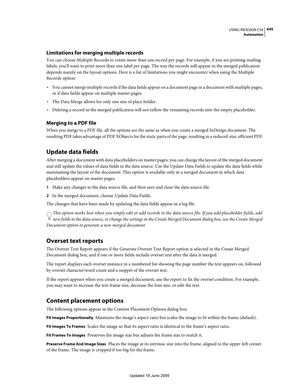 Limitations for merging multiple records, Merging to a pdf file, Update data fields | Overset text reports, Content placement options | Adobe InDesign CS4 User Manual | Page 653 / 717