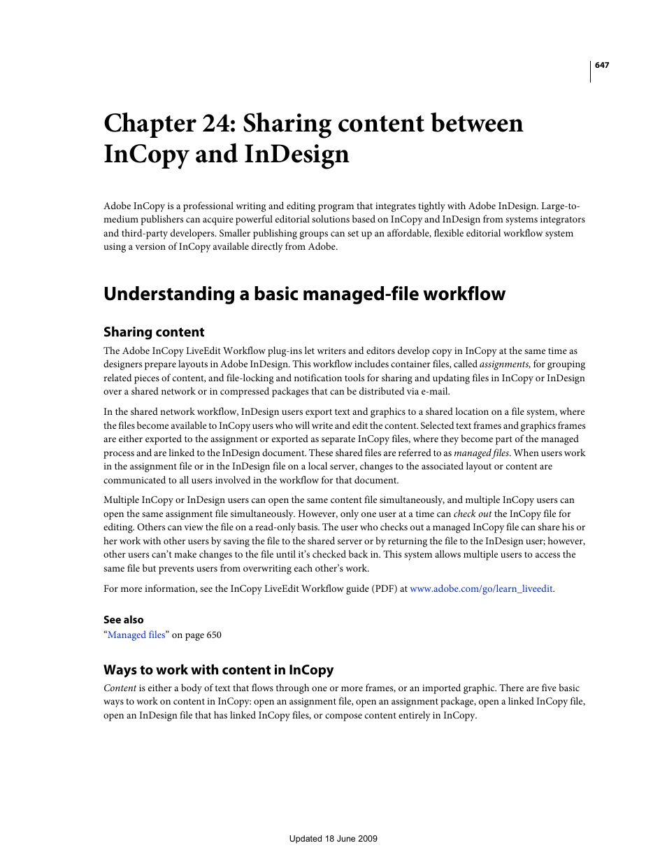 Understanding a basic managed-file workflow, Sharing content, Ways to work with content in incopy | Adobe InDesign CS4 User Manual | Page 655 / 717