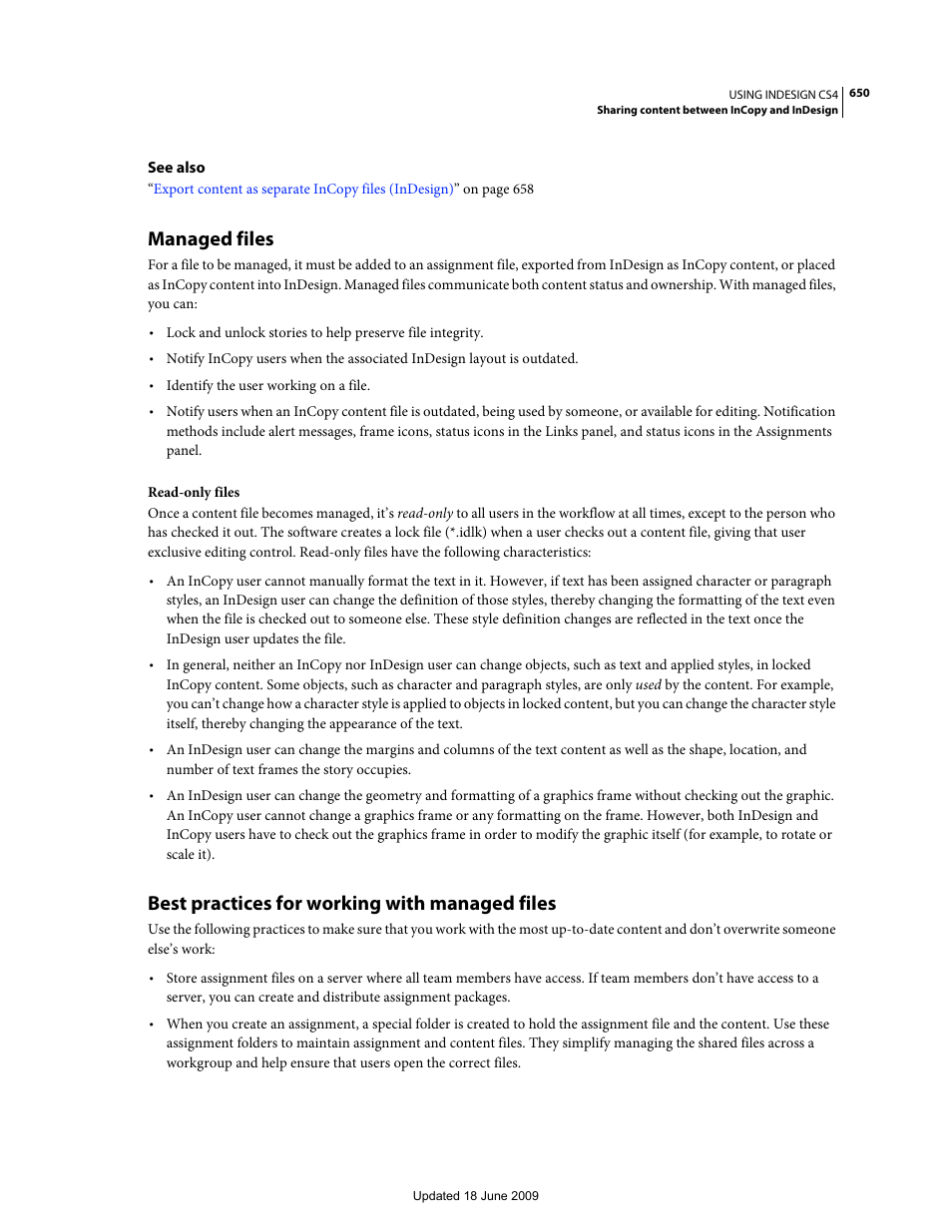 Managed files, Best practices for working with managed files | Adobe InDesign CS4 User Manual | Page 658 / 717