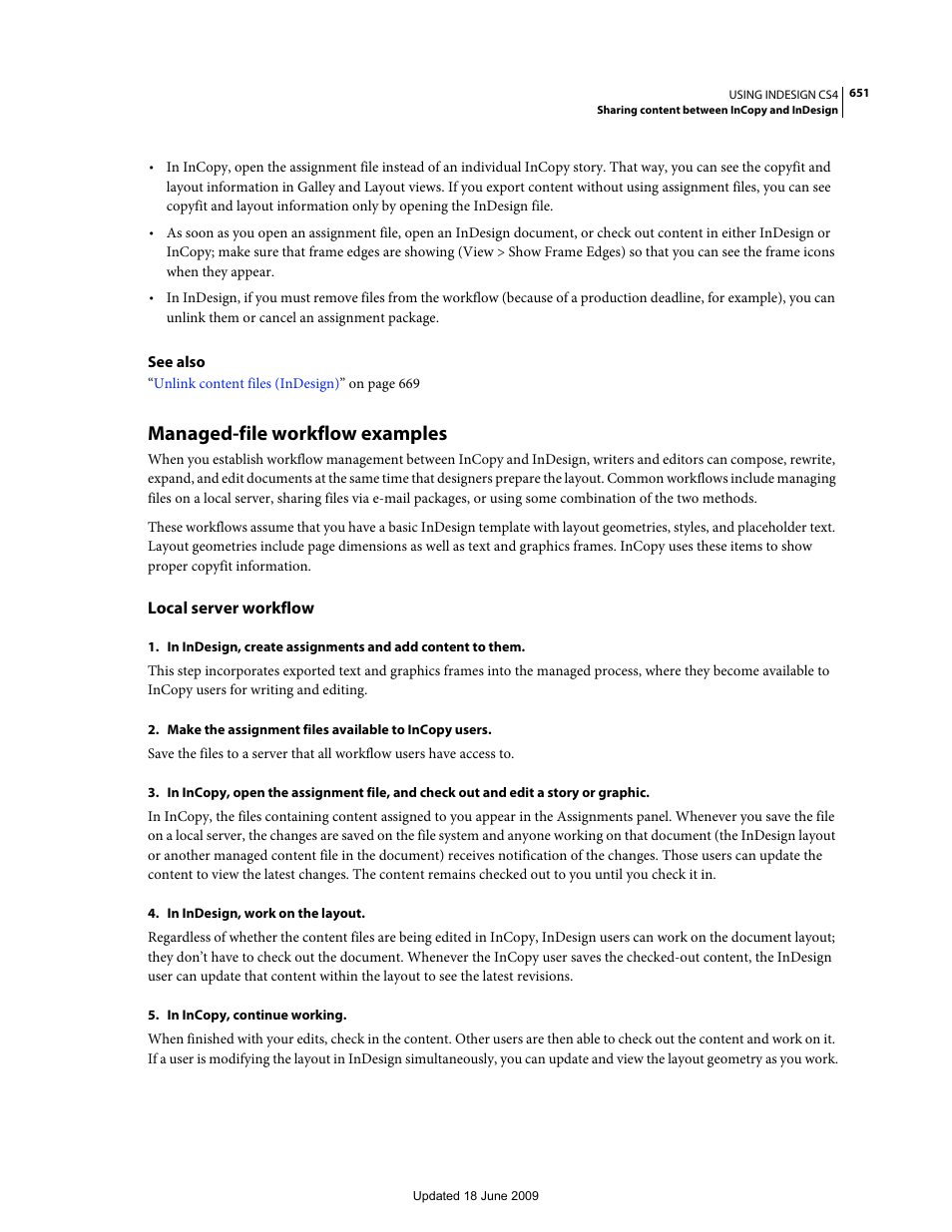 Managed-file workflow examples, Local server workflow | Adobe InDesign CS4 User Manual | Page 659 / 717