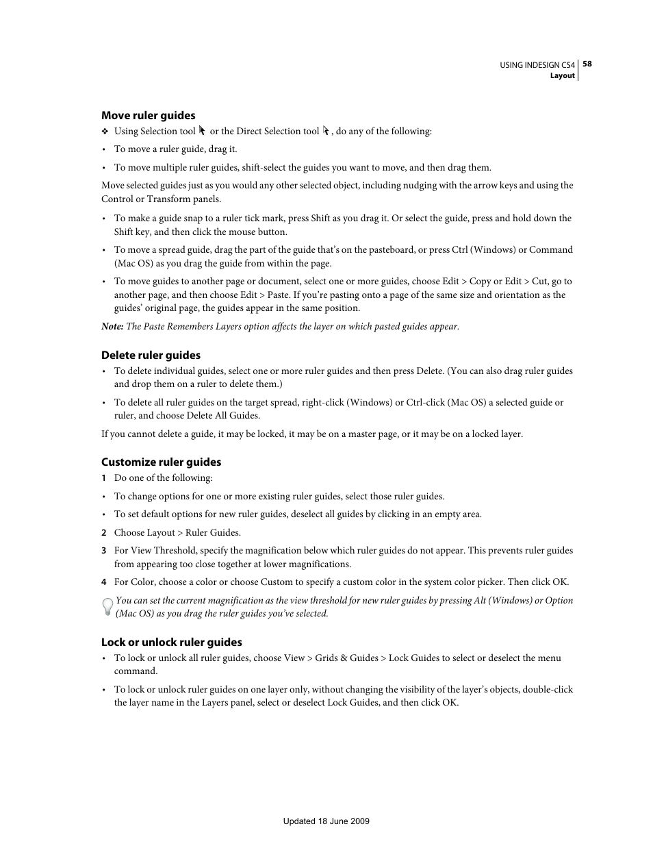 Move ruler guides, Delete ruler guides, Customize ruler guides | Lock or unlock ruler guides | Adobe InDesign CS4 User Manual | Page 66 / 717