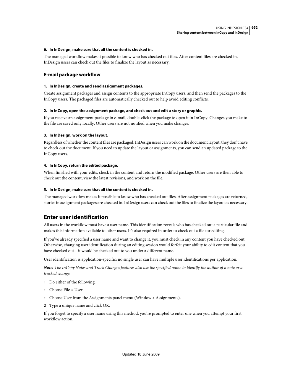 E-mail package workflow, Enter user identification | Adobe InDesign CS4 User Manual | Page 660 / 717