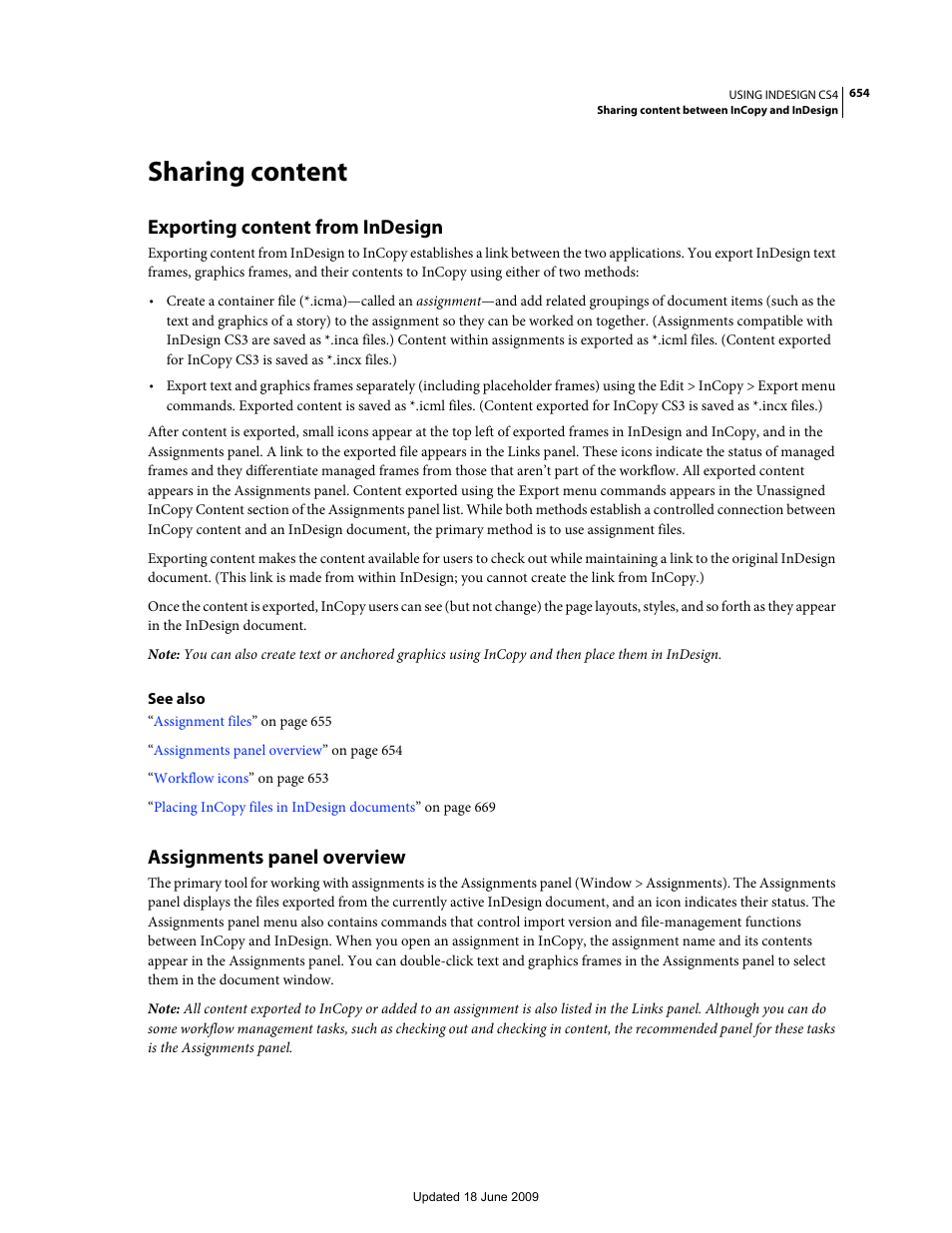 Sharing content, Exporting content from indesign, Assignments panel overview | Adobe InDesign CS4 User Manual | Page 662 / 717