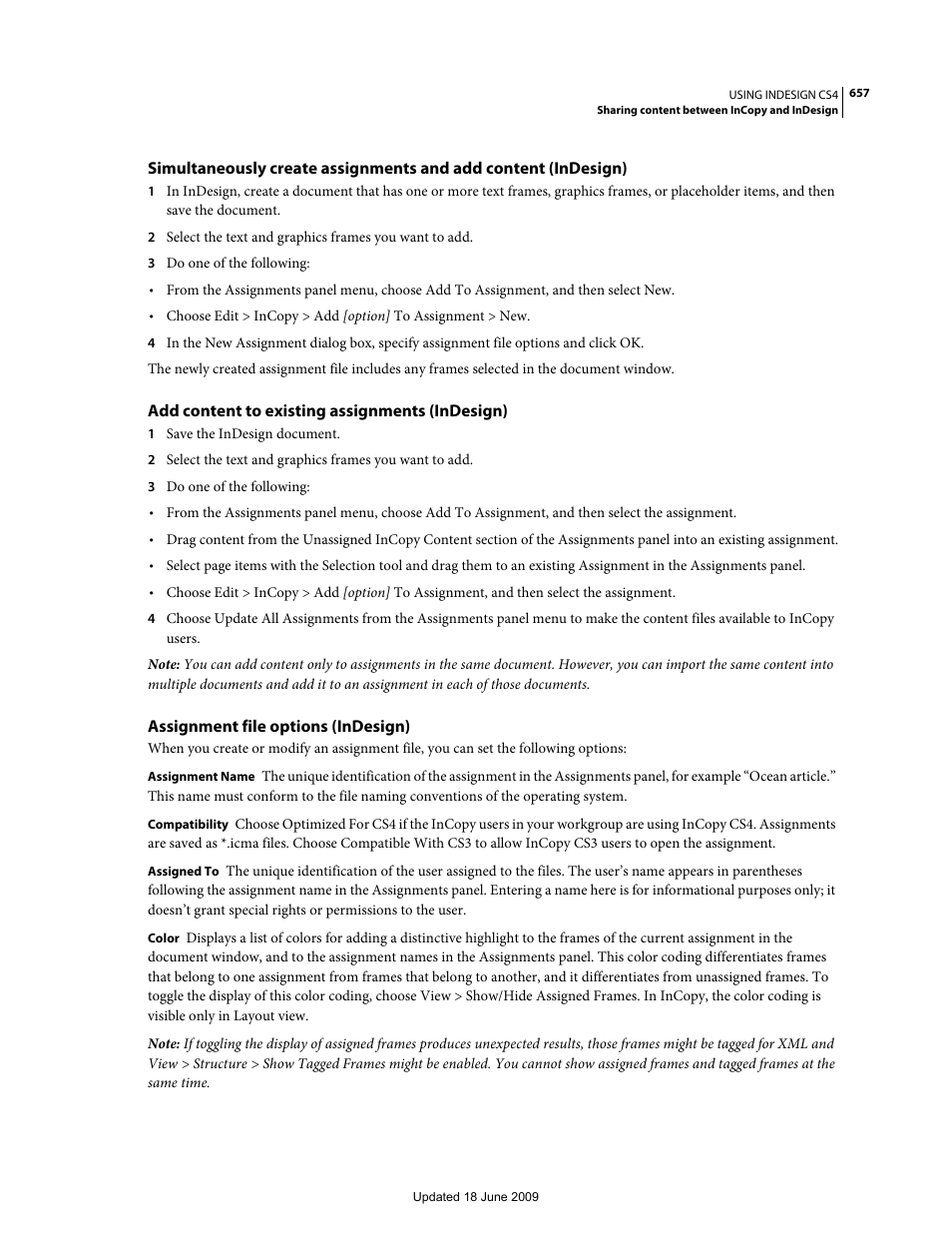 Add content to existing assignments (indesign), Assignment file options (indesign) | Adobe InDesign CS4 User Manual | Page 665 / 717