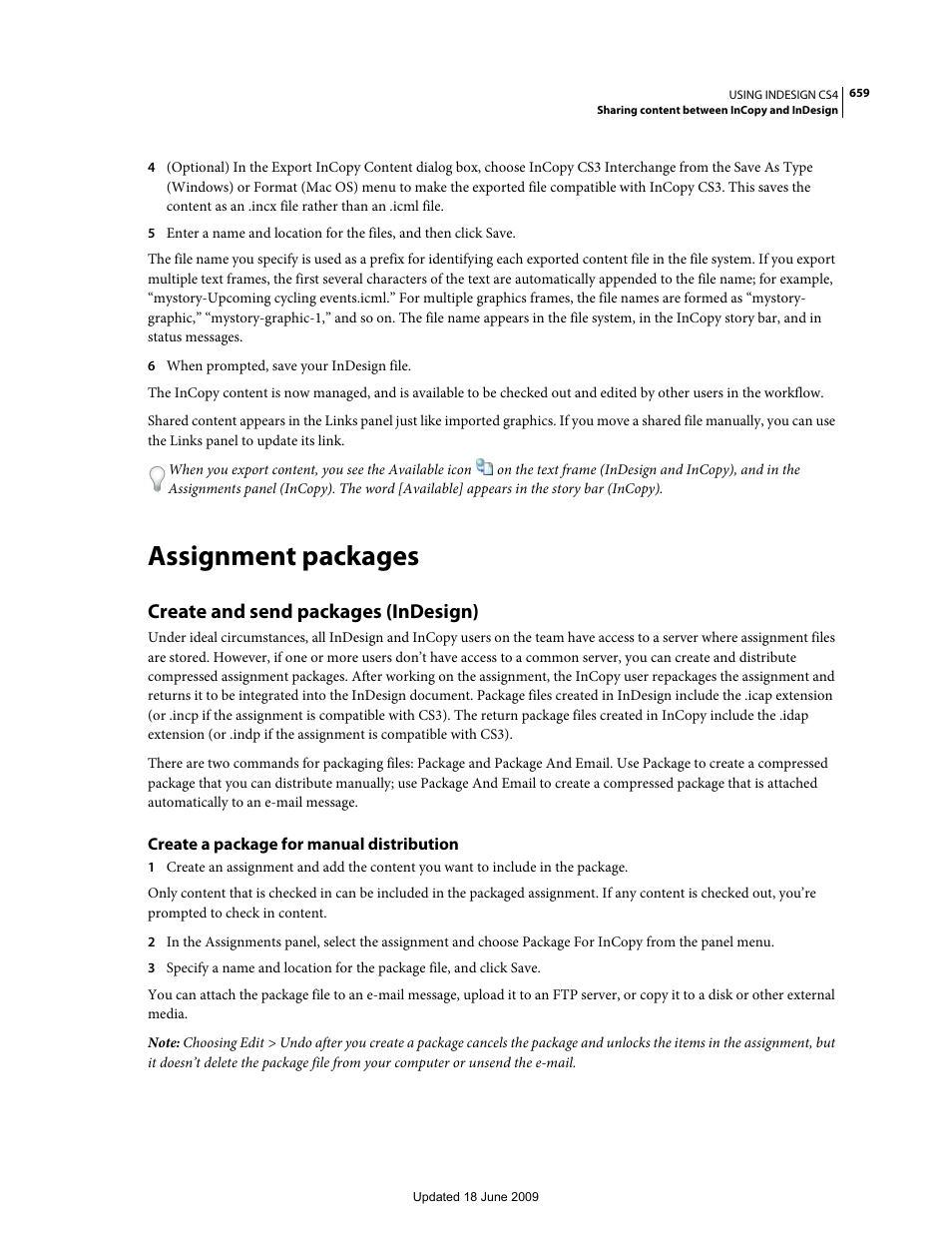 Assignment packages, Create and send packages (indesign), Create a package for manual distribution | Adobe InDesign CS4 User Manual | Page 667 / 717