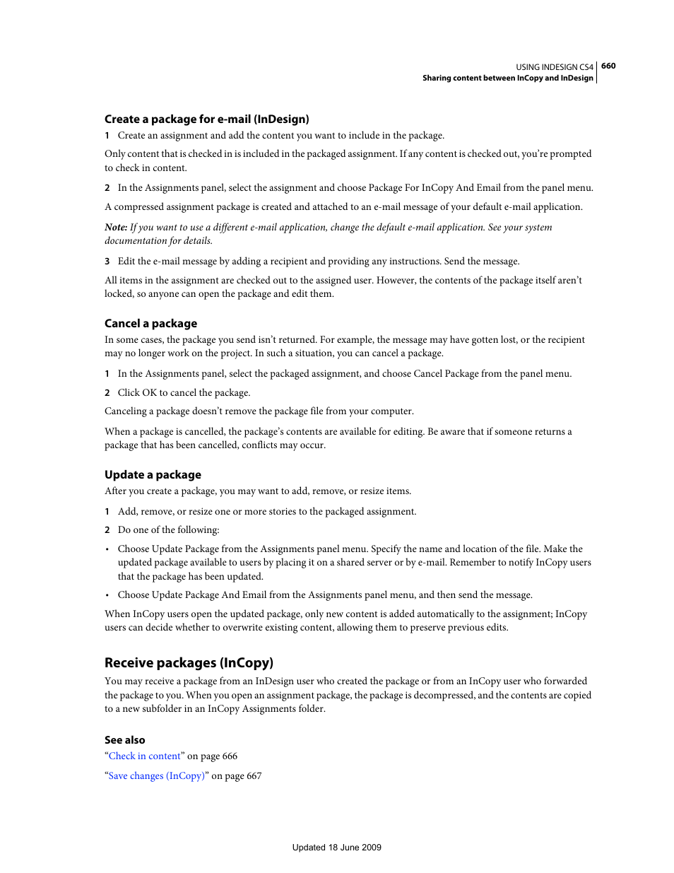 Create a package for e-mail (indesign), Cancel a package, Update a package | Receive packages (incopy) | Adobe InDesign CS4 User Manual | Page 668 / 717