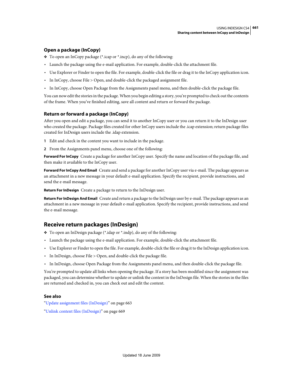 Open a package (incopy), Return or forward a package (incopy), Receive return packages (indesign) | Adobe InDesign CS4 User Manual | Page 669 / 717