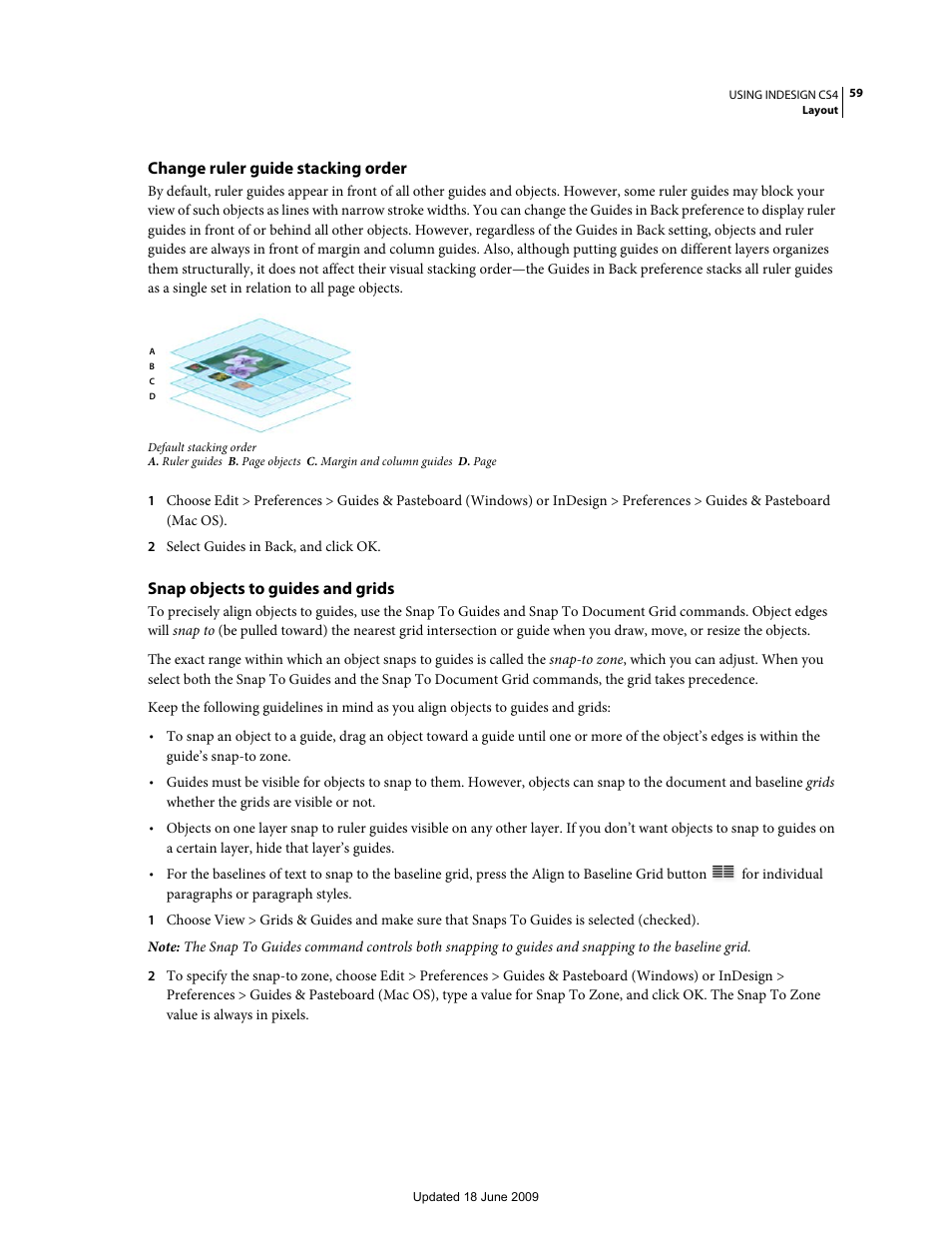 Change ruler guide stacking order, Snap objects to guides and grids | Adobe InDesign CS4 User Manual | Page 67 / 717