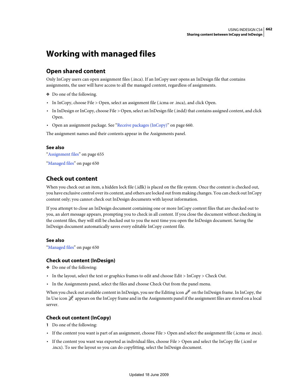 Working with managed files, Open shared content, Check out content | Check out content (indesign), Check out content (incopy) | Adobe InDesign CS4 User Manual | Page 670 / 717