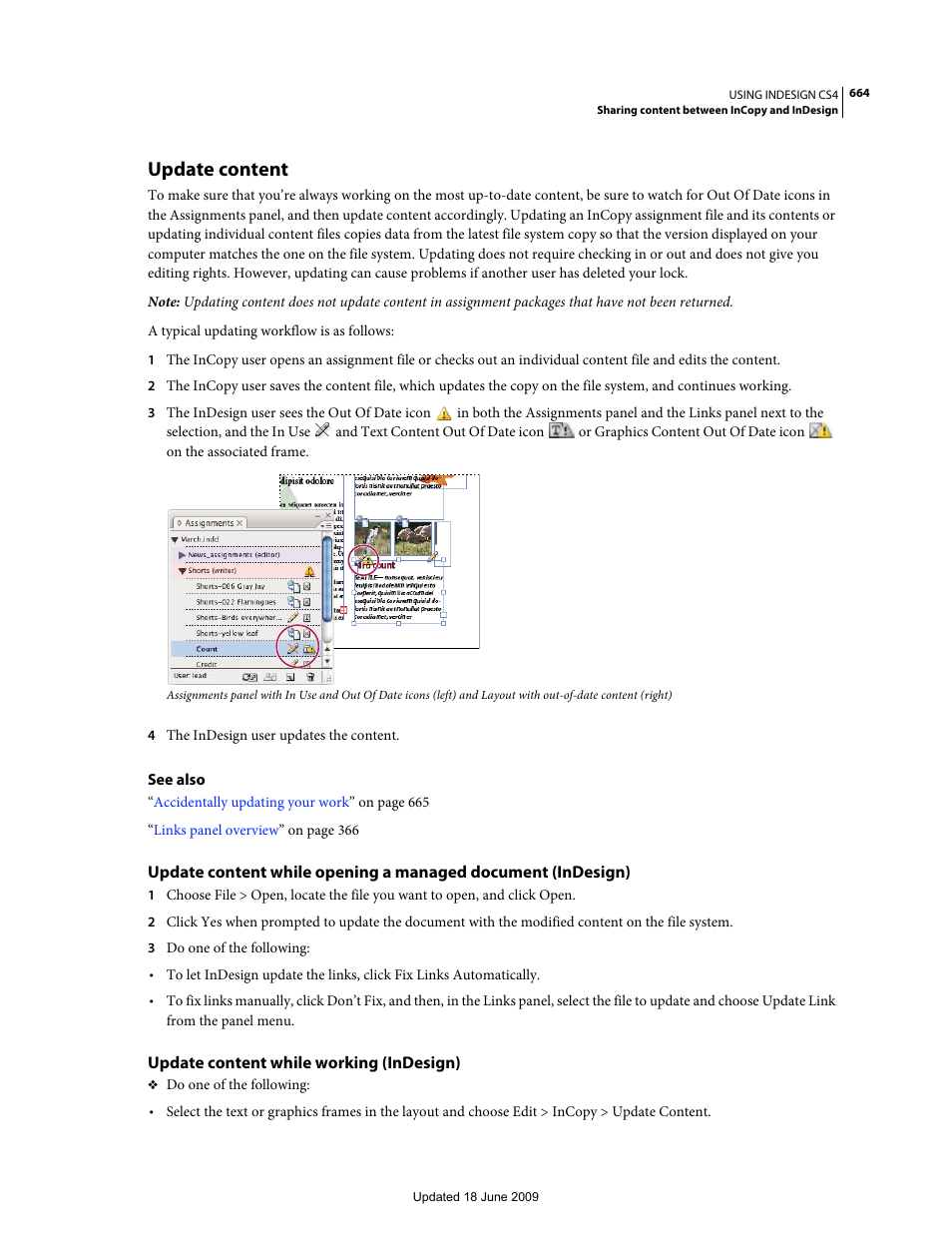 Update content, Update content while working (indesign) | Adobe InDesign CS4 User Manual | Page 672 / 717