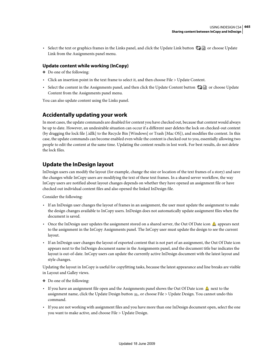 Update content while working (incopy), Accidentally updating your work, Update the indesign layout | Adobe InDesign CS4 User Manual | Page 673 / 717