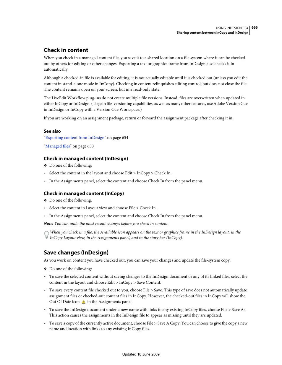 Check in content, Check in managed content (indesign), Check in managed content (incopy) | Save changes (indesign) | Adobe InDesign CS4 User Manual | Page 674 / 717