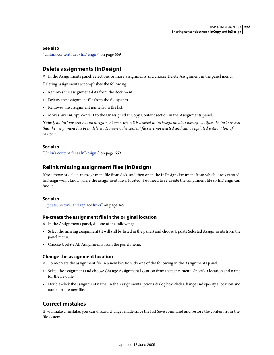 Delete assignments (indesign), Relink missing assignment files (indesign), Change the assignment location | Correct mistakes | Adobe InDesign CS4 User Manual | Page 676 / 717