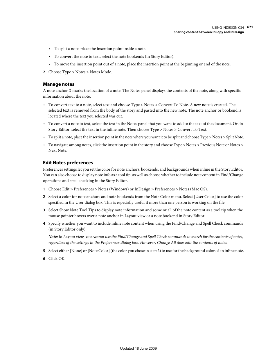 Manage notes, Edit notes preferences | Adobe InDesign CS4 User Manual | Page 679 / 717