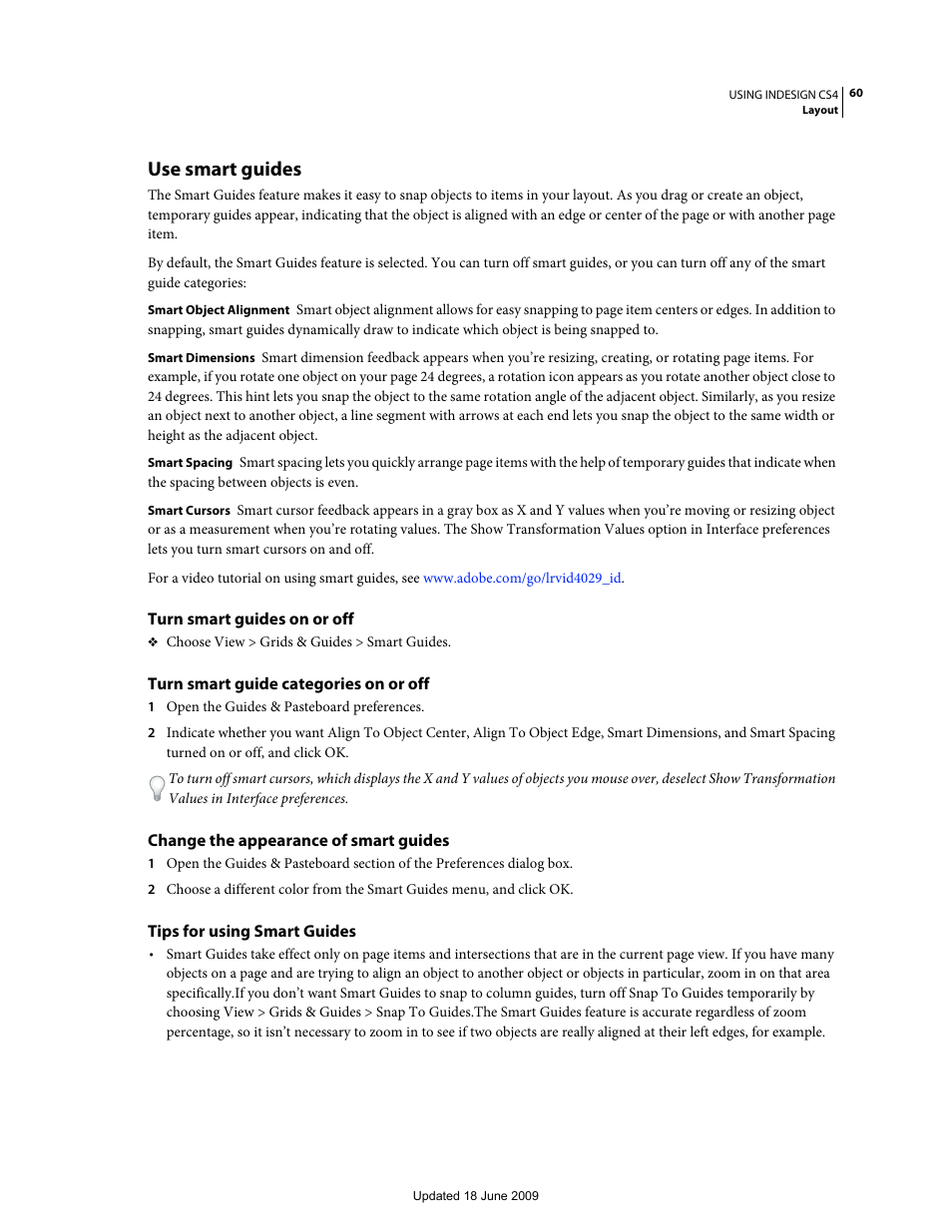 Use smart guides, Turn smart guides on or off, Turn smart guide categories on or off | Change the appearance of smart guides, Tips for using smart guides | Adobe InDesign CS4 User Manual | Page 68 / 717