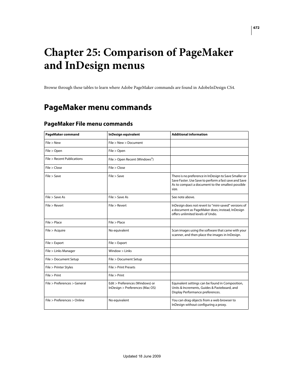 Pagemaker menu commands, Pagemaker file menu commands | Adobe InDesign CS4 User Manual | Page 680 / 717