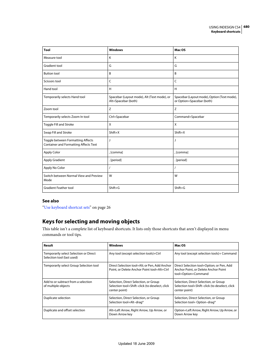 Keys for selecting and moving objects, See also | Adobe InDesign CS4 User Manual | Page 688 / 717