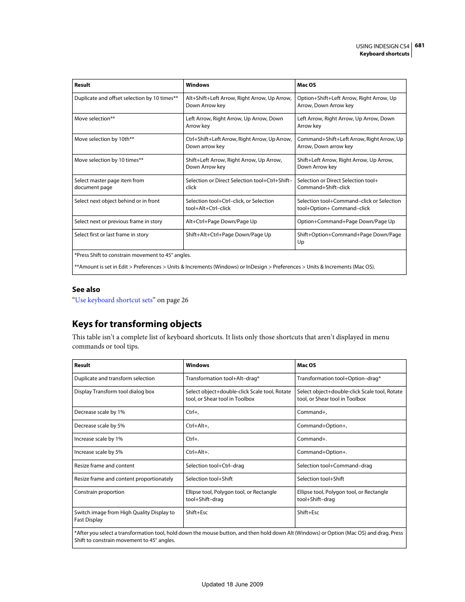 Keys for transforming objects, See also | Adobe InDesign CS4 User Manual | Page 689 / 717