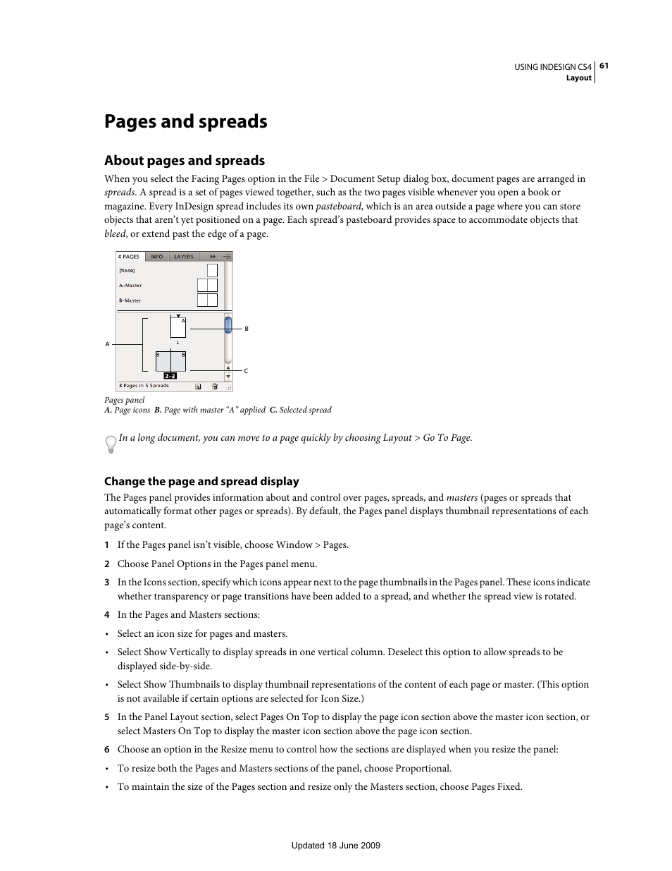 Panel. see, Pages and spreads, About pages and spreads | Adobe InDesign CS4 User Manual | Page 69 / 717