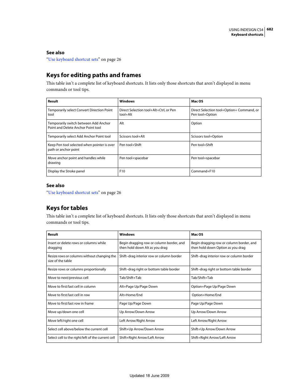 Keys for editing paths and frames, Keys for tables | Adobe InDesign CS4 User Manual | Page 690 / 717