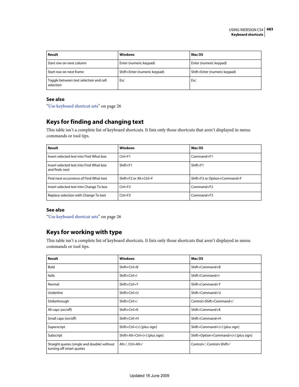 Keys for finding and changing text, Keys for working with type | Adobe InDesign CS4 User Manual | Page 691 / 717