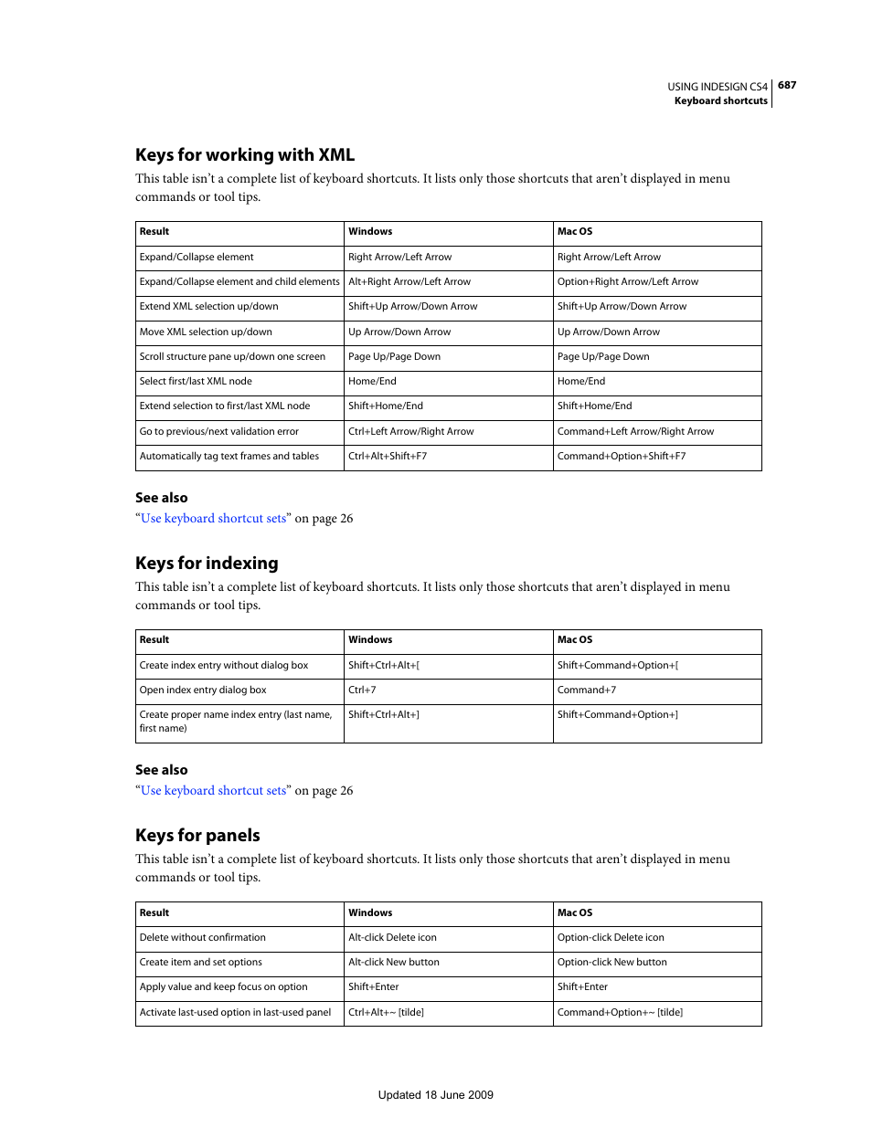 Keys for working with xml, Keys for indexing, Keys for panels | Adobe InDesign CS4 User Manual | Page 695 / 717