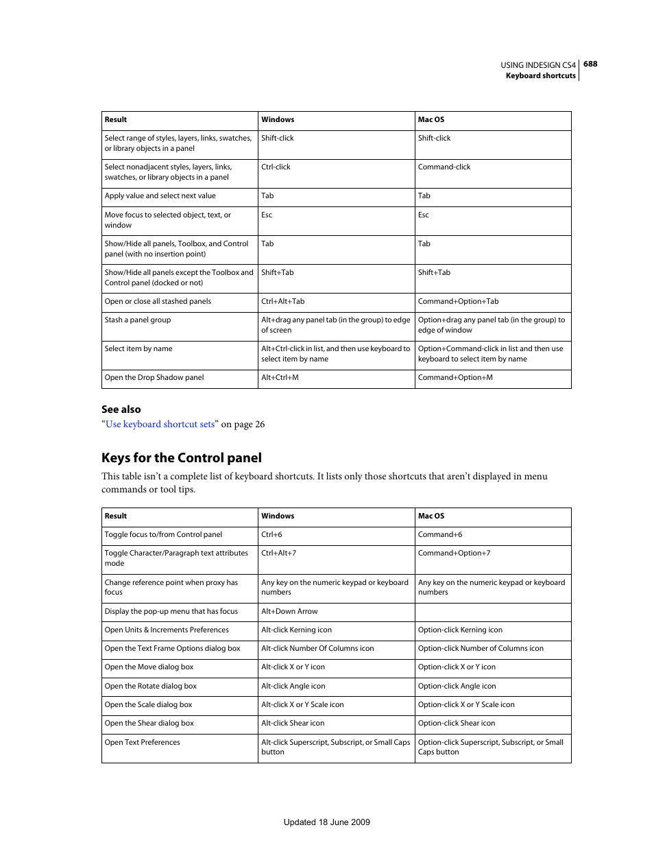 Keys for the control panel, See also | Adobe InDesign CS4 User Manual | Page 696 / 717