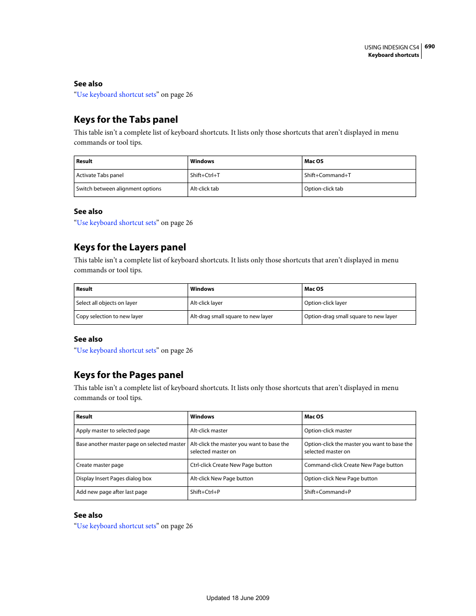 Keys for the tabs panel, Keys for the layers panel, Keys for the pages panel | Adobe InDesign CS4 User Manual | Page 698 / 717
