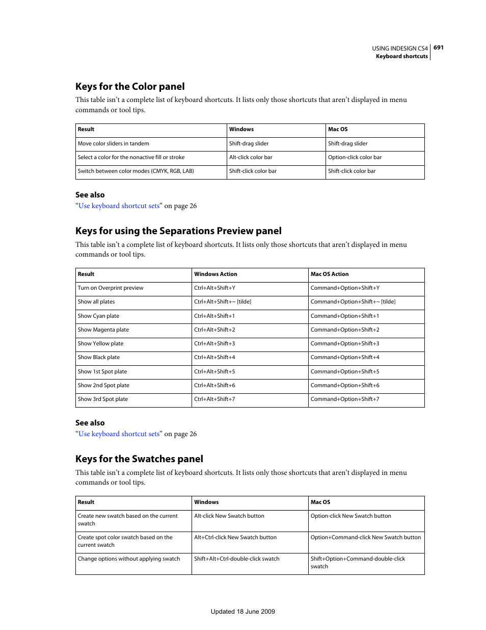 Keys for the color panel, Keys for using the separations preview panel, Keys for the swatches panel | Adobe InDesign CS4 User Manual | Page 699 / 717