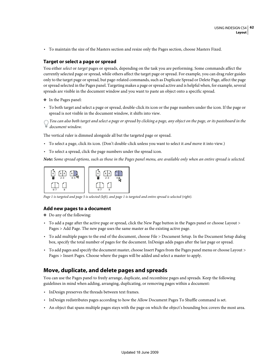 Move, duplicate, and delete pages and spreads, Target or select a page or spread, Add new pages to a document | Adobe InDesign CS4 User Manual | Page 70 / 717
