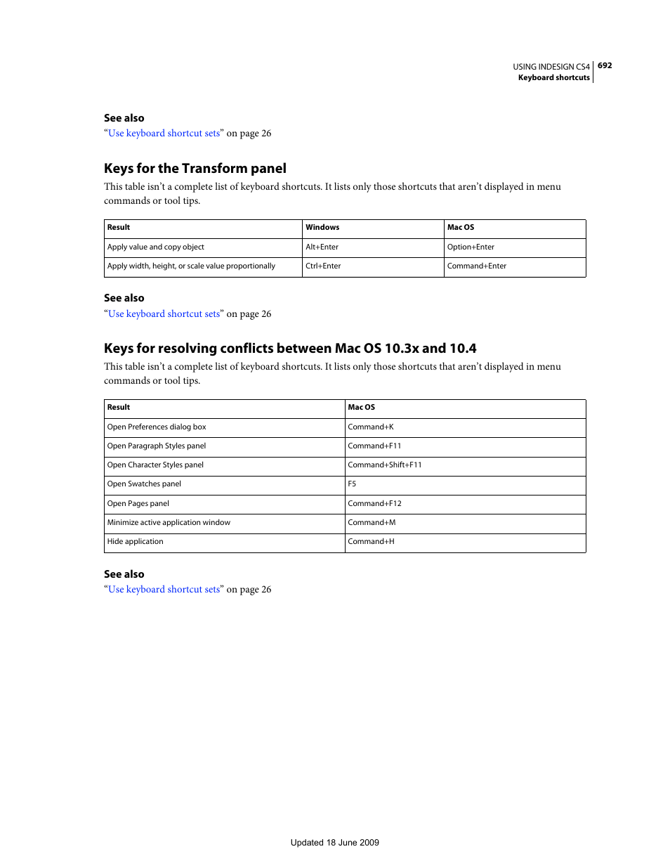 Keys for the transform panel | Adobe InDesign CS4 User Manual | Page 700 / 717