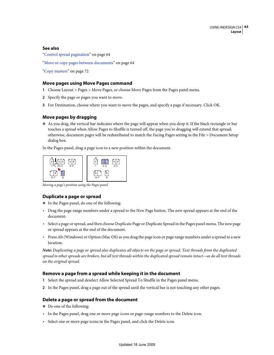 Move pages using move pages command, Move pages by dragging, Duplicate a page or spread | Delete a page or spread from the document | Adobe InDesign CS4 User Manual | Page 71 / 717