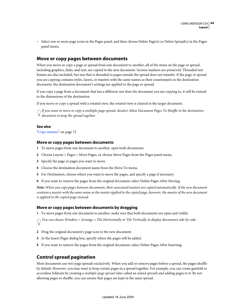 Move or copy pages between documents, Control spread pagination | Adobe InDesign CS4 User Manual | Page 72 / 717