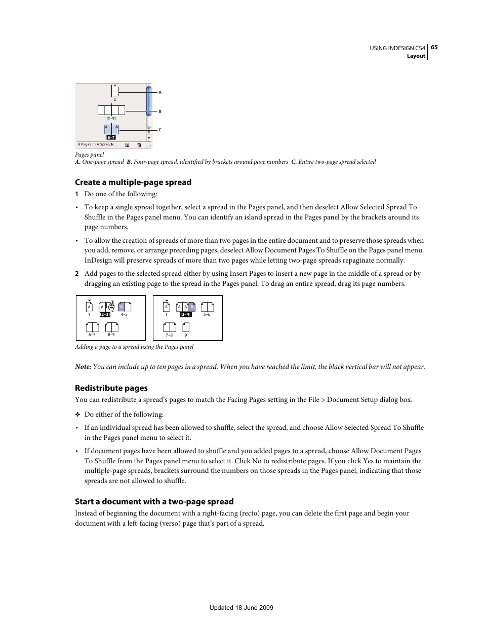 Create a multiple-page spread, Redistribute pages, Start a document with a two-page spread | Adobe InDesign CS4 User Manual | Page 73 / 717