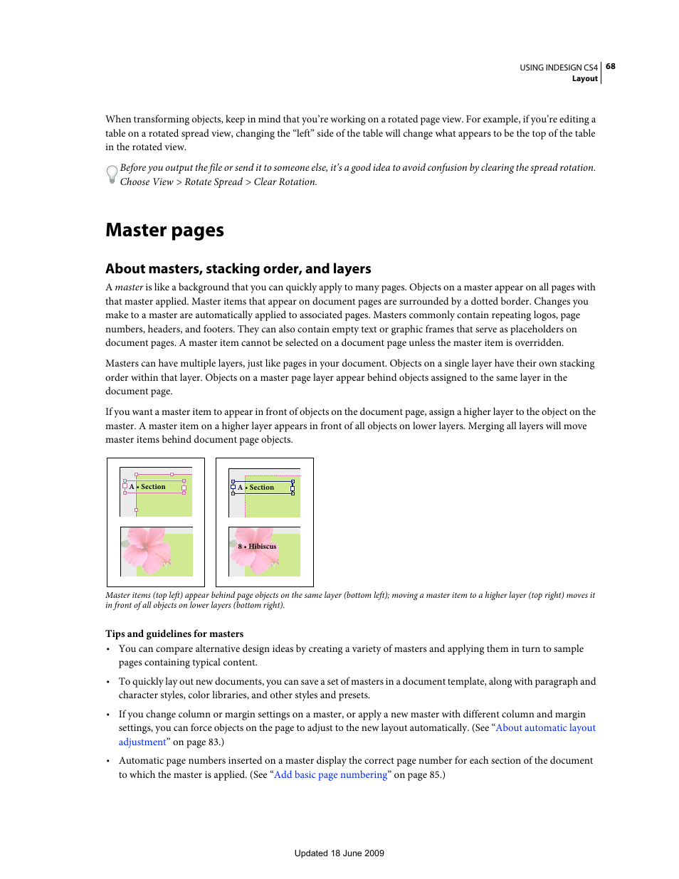 About masters, stacking order, and layers, Master pages | Adobe InDesign CS4 User Manual | Page 76 / 717