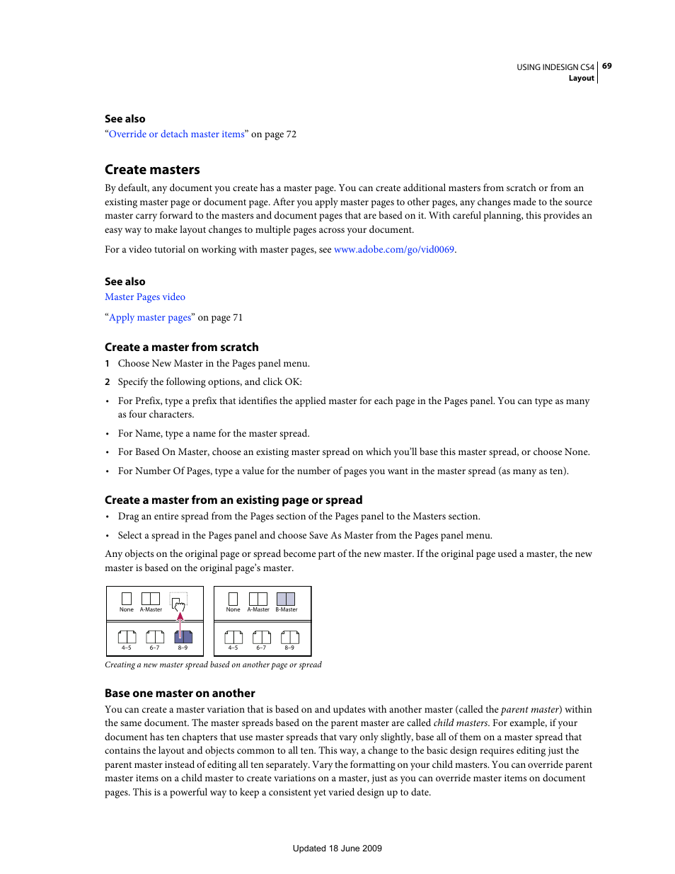 Create masters, Create a master from scratch, Base one master on another | Create a master from an existing page or spread | Adobe InDesign CS4 User Manual | Page 77 / 717