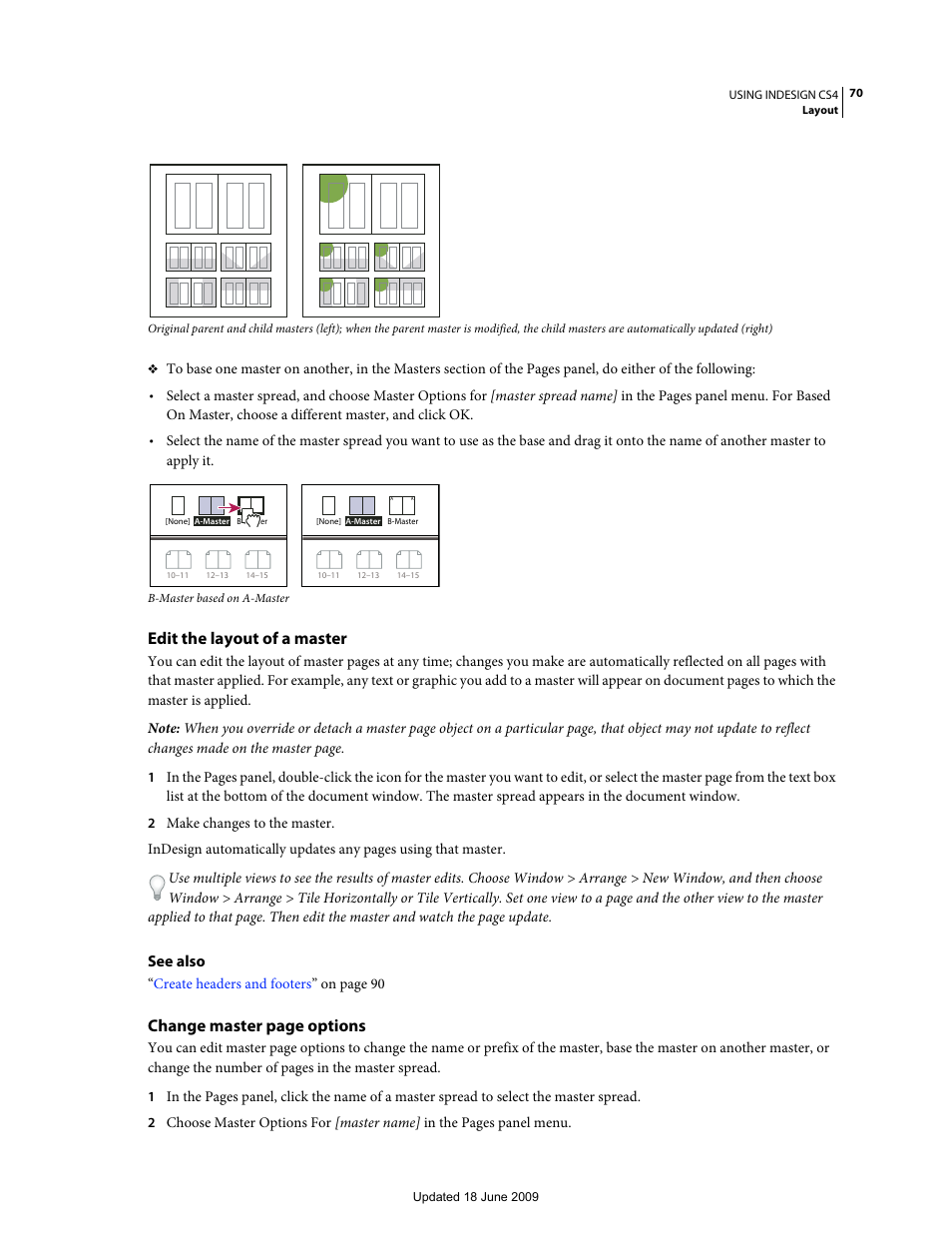 Edit the layout of a master, Change master page options | Adobe InDesign CS4 User Manual | Page 78 / 717