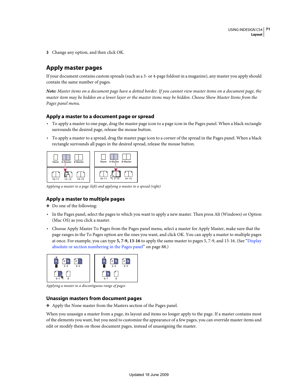 Apply master pages, Apply a master to a document page or spread, Apply a master to multiple pages | Unassign masters from document pages | Adobe InDesign CS4 User Manual | Page 79 / 717